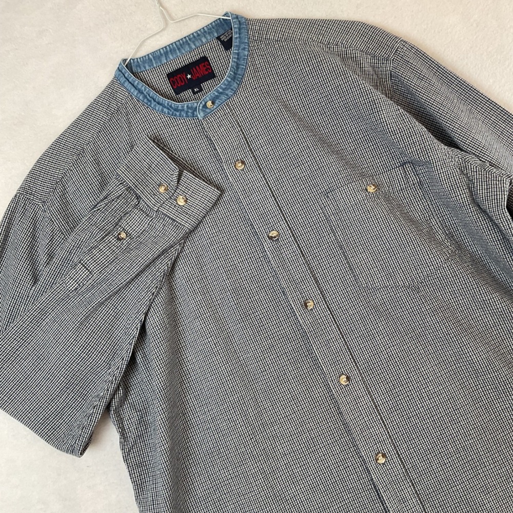 Cody James Mens XL Band Collar Button Up Shirt Denim Trim Blue Plaid Western